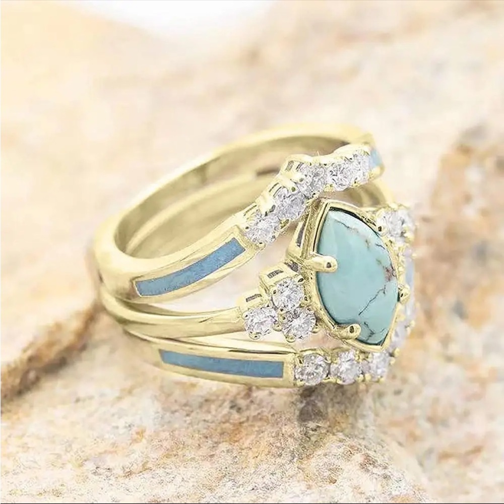New Women’s Yellow Gold Plated 3pcs/set Multilayer Turquoise Ring - Picture 5 of 6